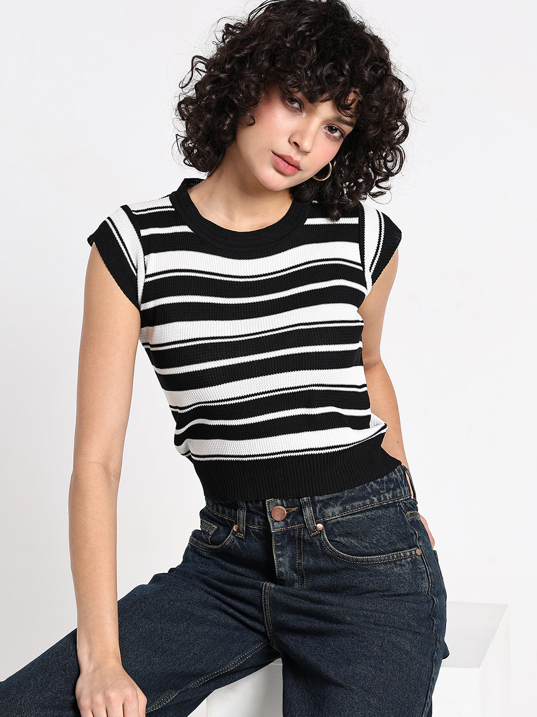 Women's Striped Black Ribbed Fitted Top