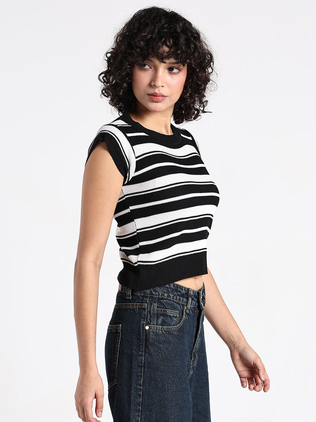 Women's Striped Black Ribbed Fitted Top
