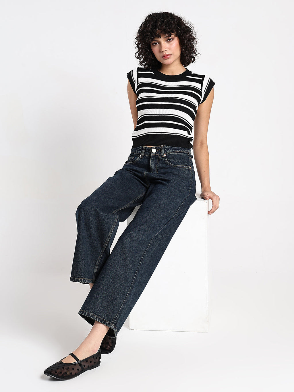 Women's Striped Black Ribbed Fitted Top