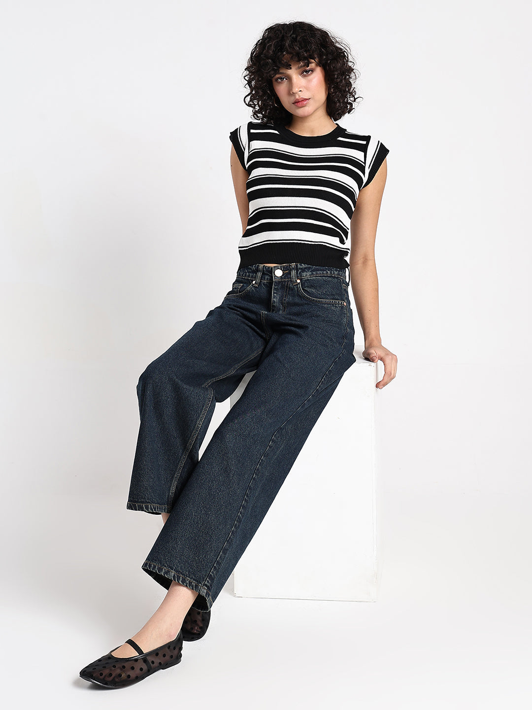 Women's Striped Black Ribbed Fitted Top