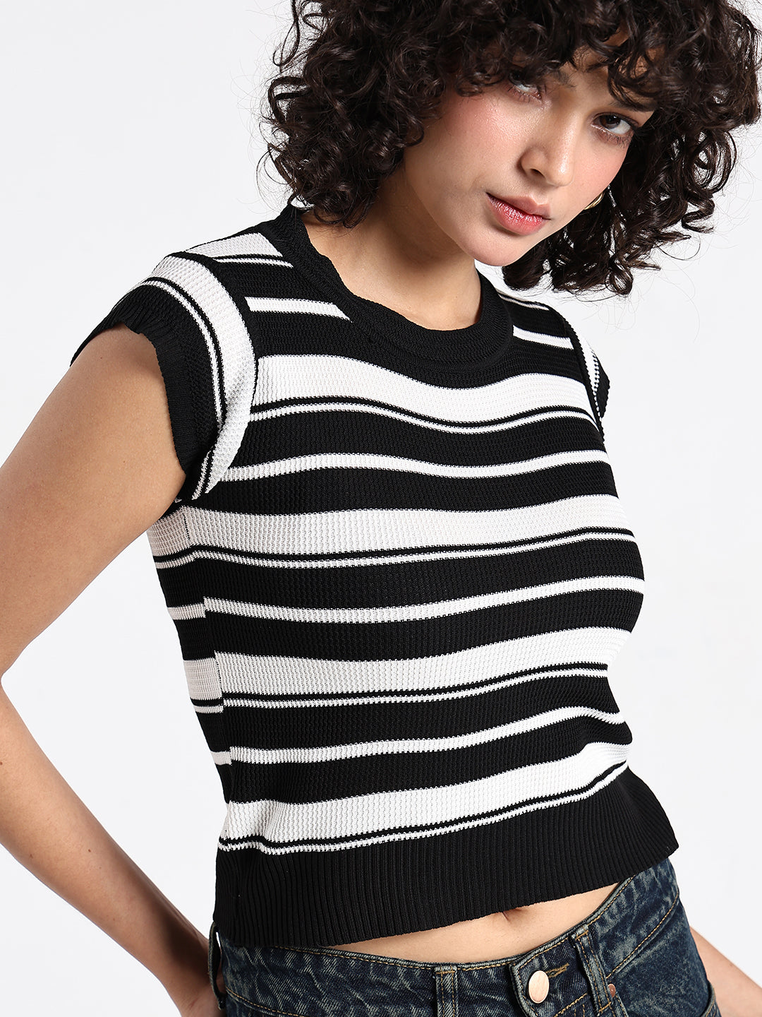 Women's Striped Black Ribbed Fitted Top
