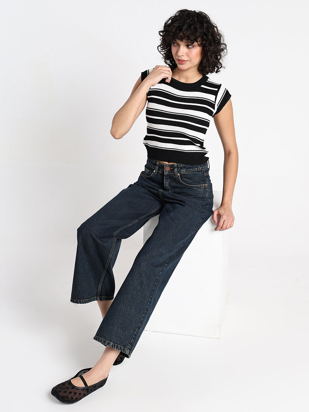 Women's Striped Black Ribbed Fitted Top