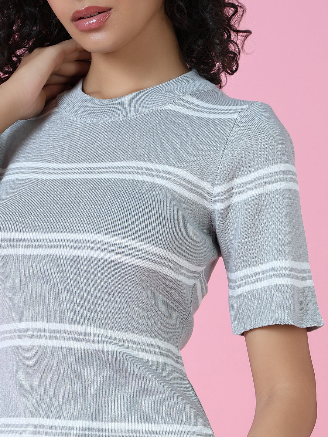 Women's Grey Striped Round Neck Bodycon Dress