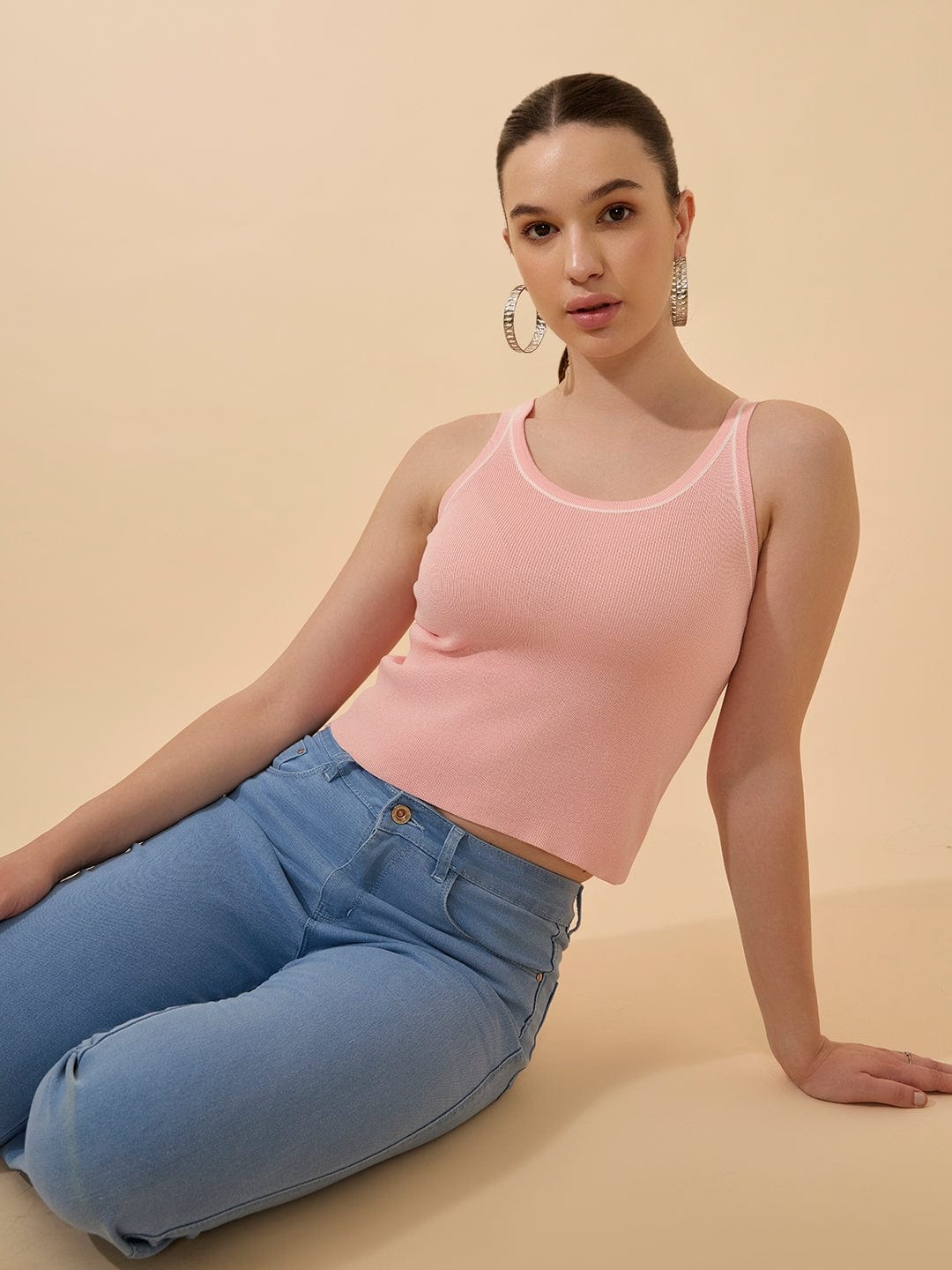 Women's Ribbed Pink Scoop Neck Tank Top