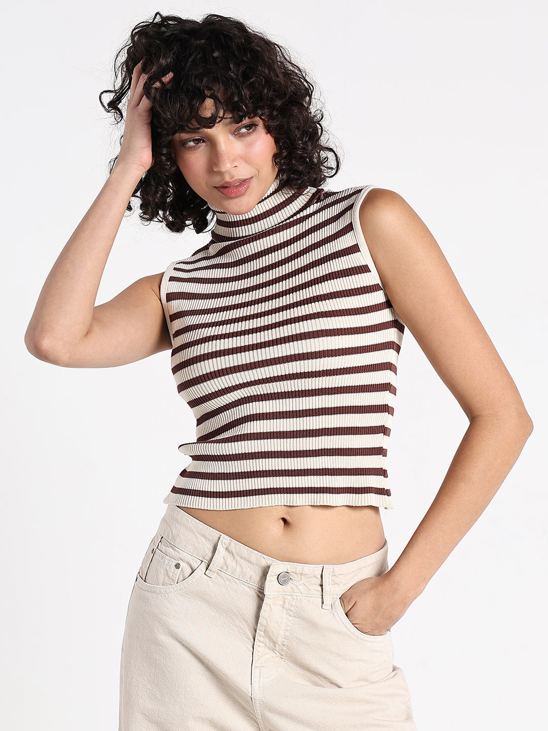 Women's Striped Cream Sleeveless Turtleneck Top