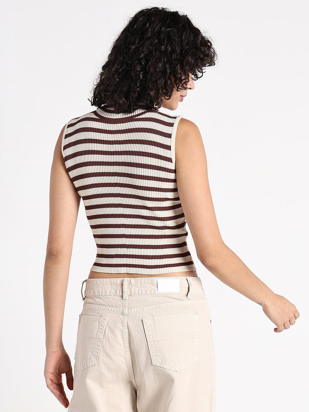 Women's Striped Cream Sleeveless Turtleneck Top