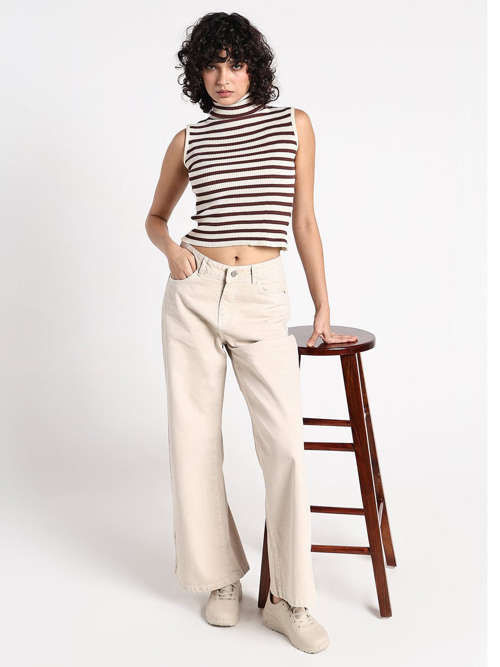 Women's Striped Cream Sleeveless Turtleneck Top
