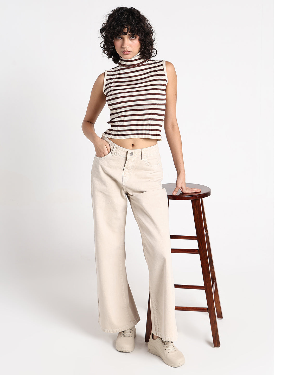 Women's Striped Cream Sleeveless Turtleneck Top