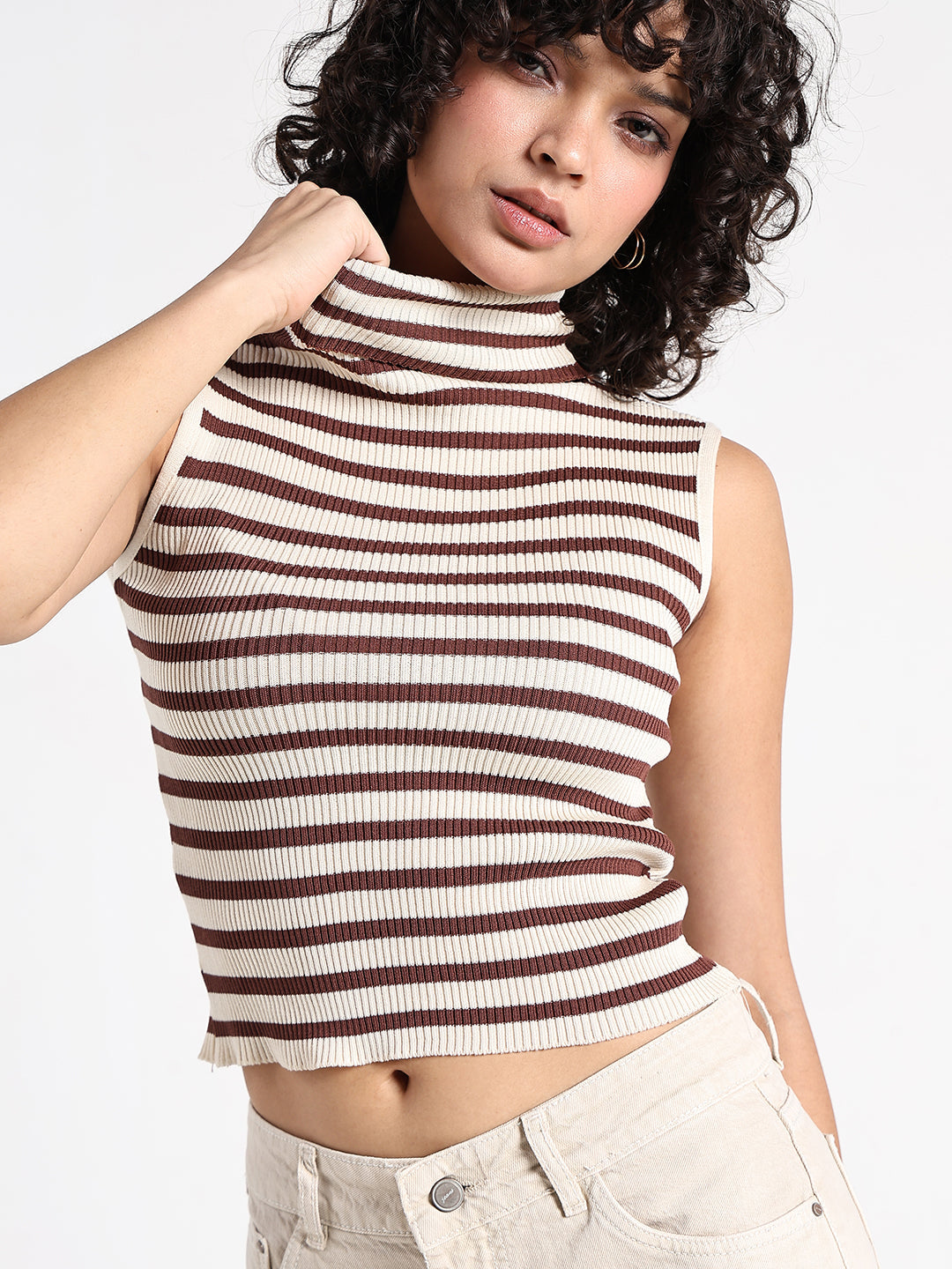 Women's Striped Cream Sleeveless Turtleneck Top
