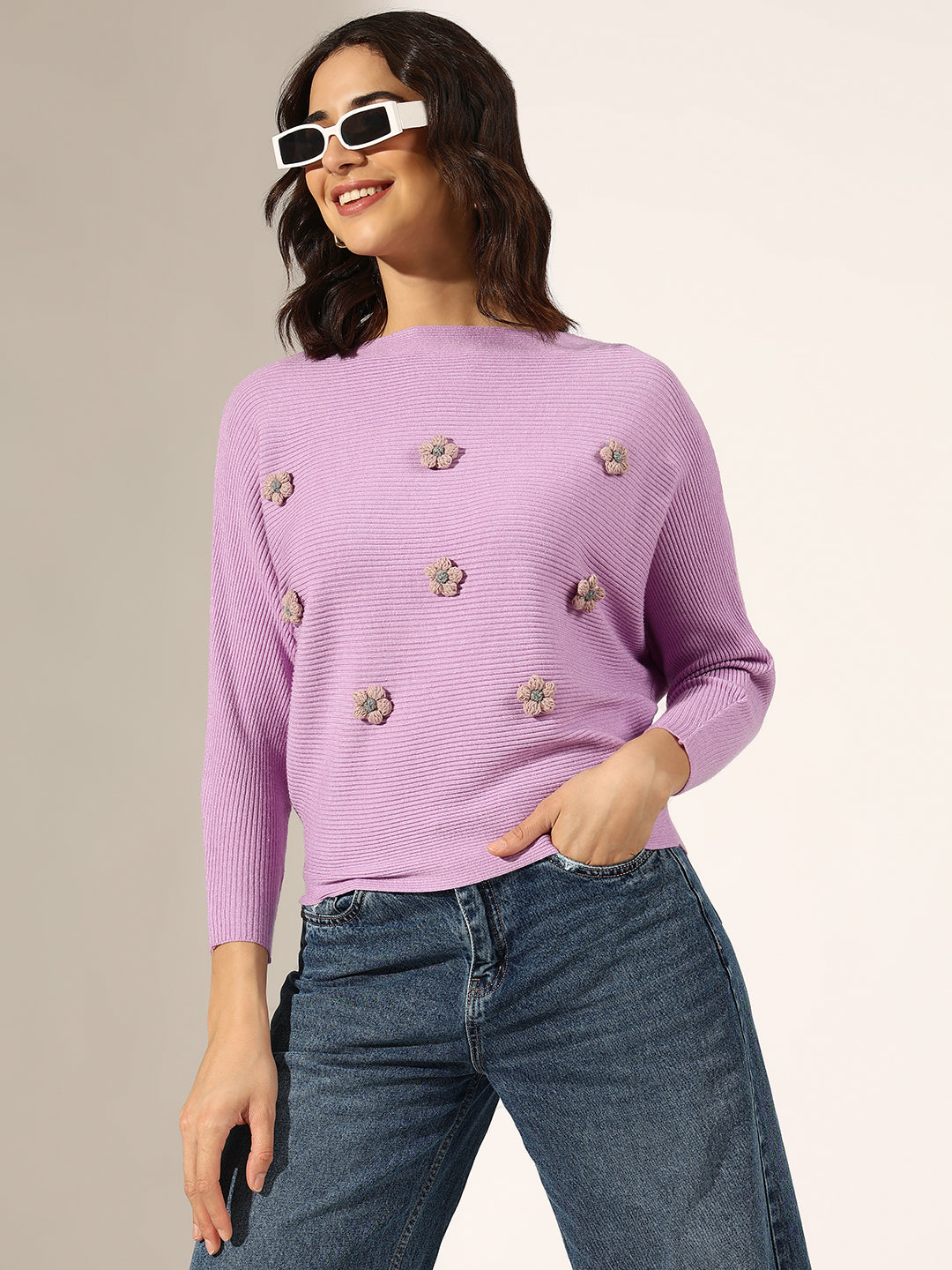 Women's Ribbed Lavender Floral Applique Top