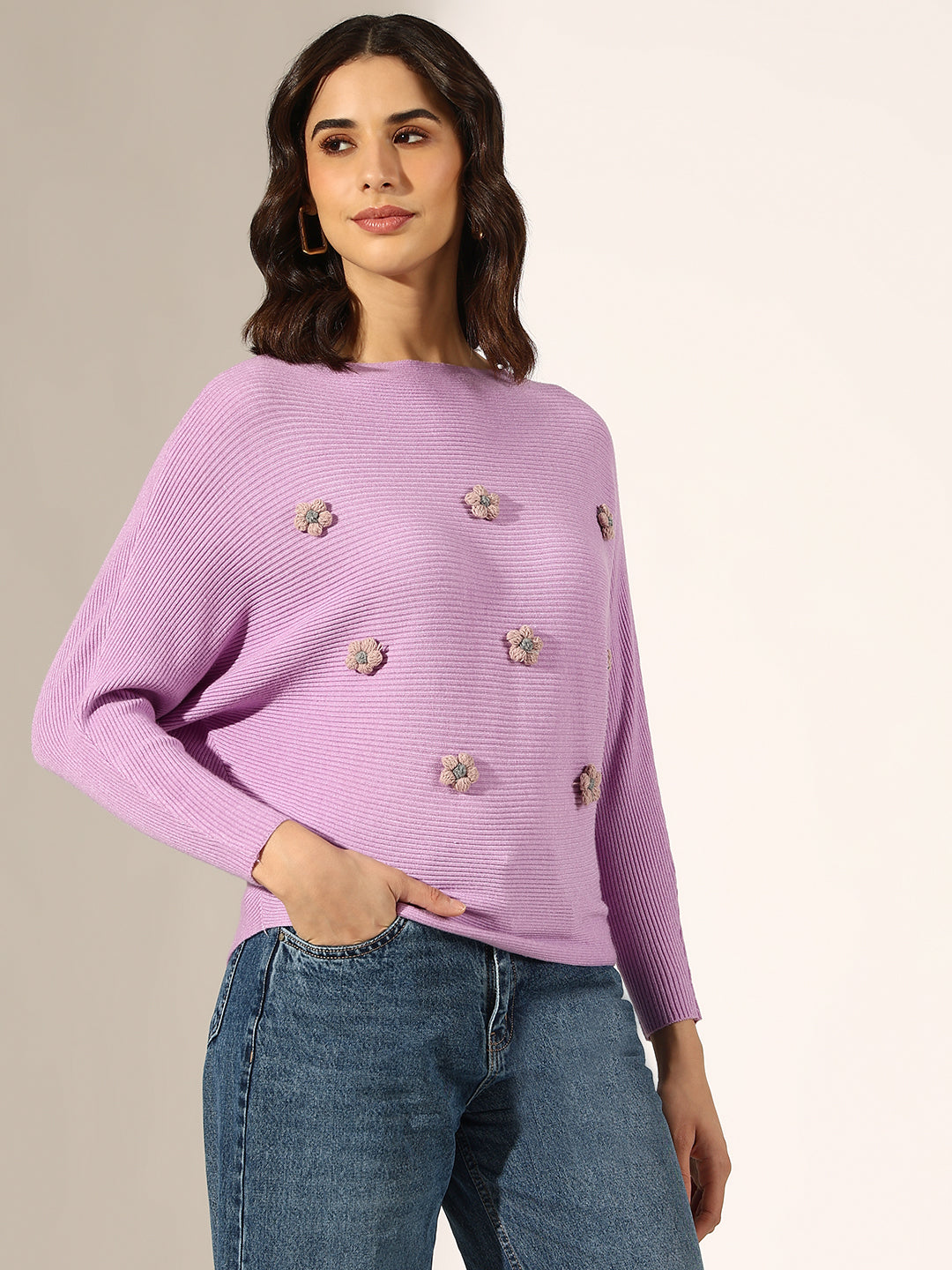 Women's Ribbed Lavender Floral Applique Top