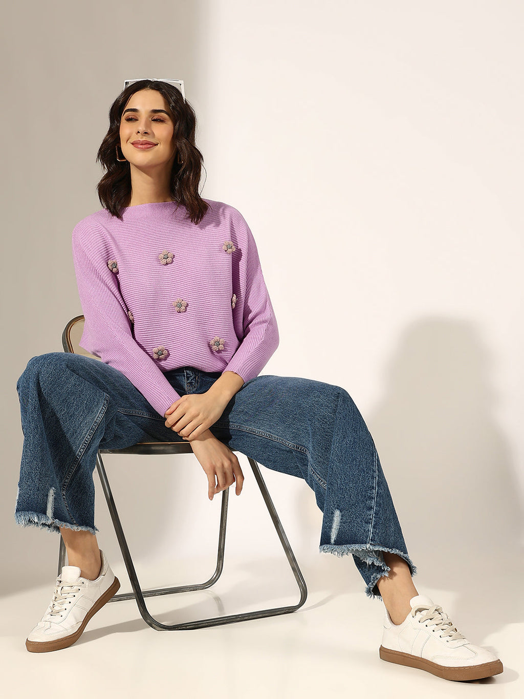 Women's Ribbed Lavender Floral Applique Top