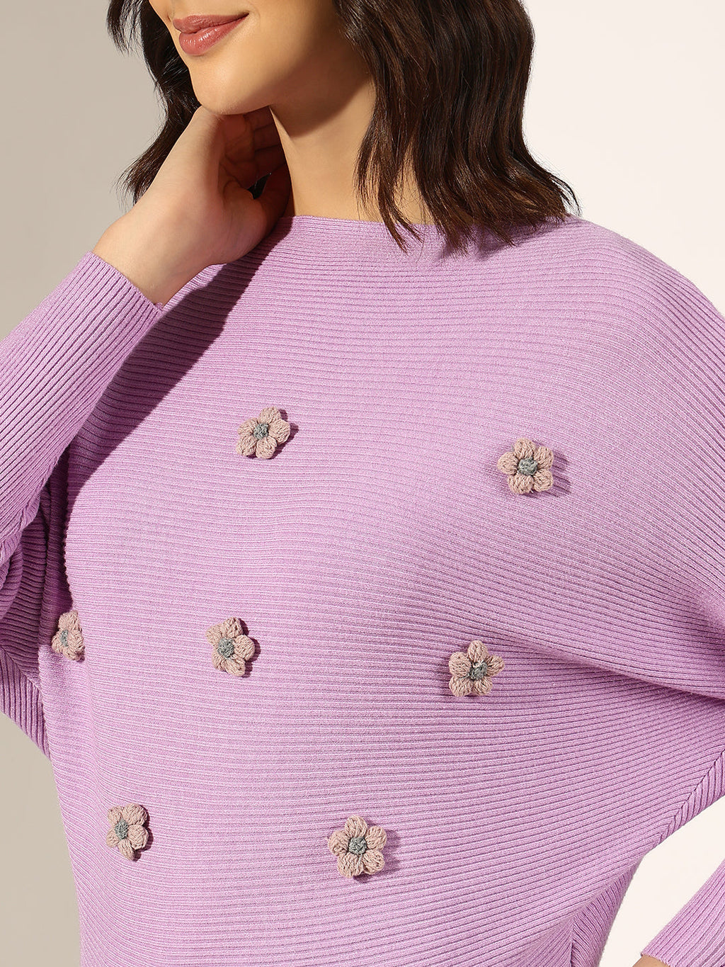 Women's Ribbed Lavender Floral Applique Top