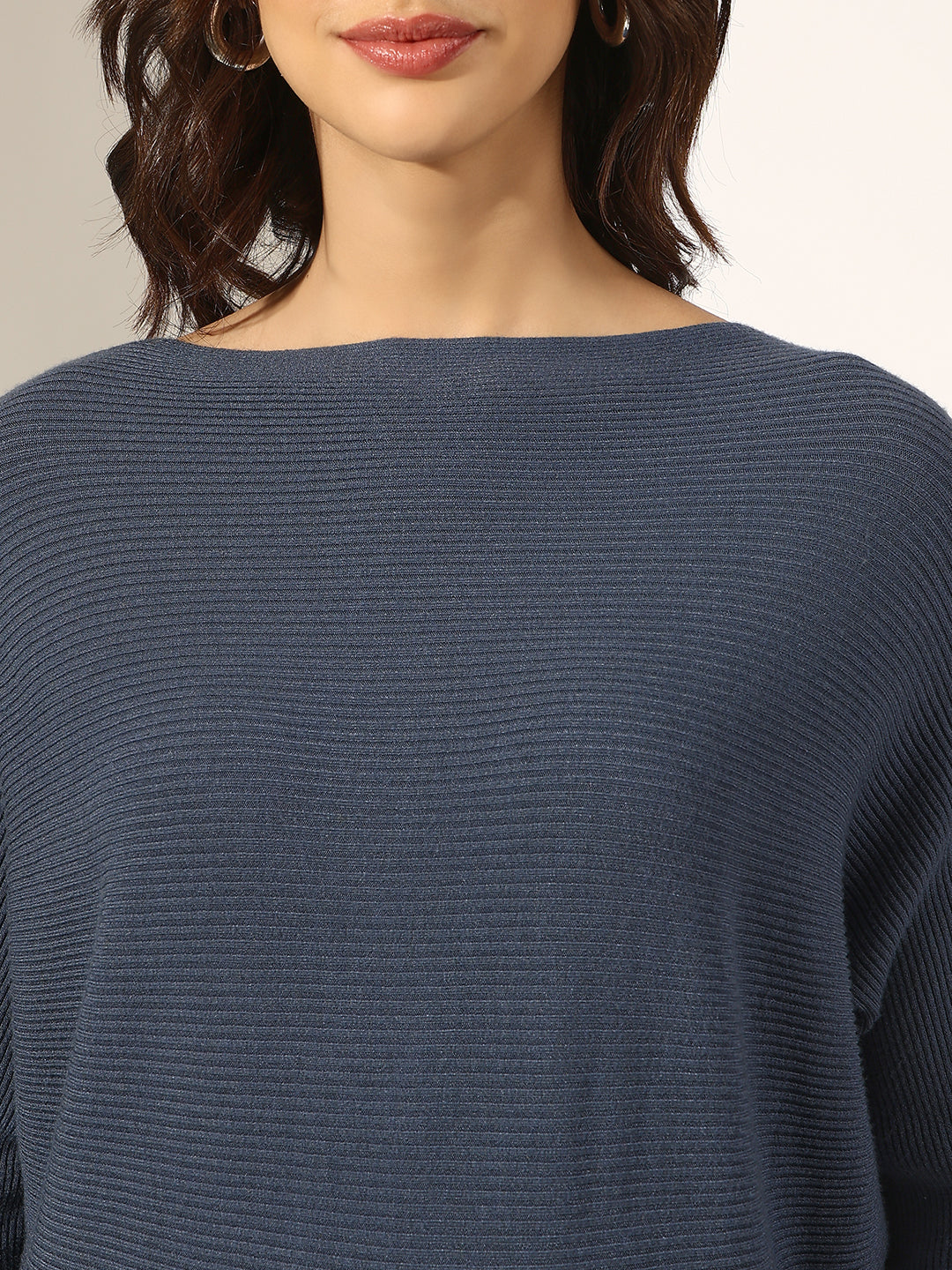 Women's Ribbed Blue Flower Applique Knit Batwing Top