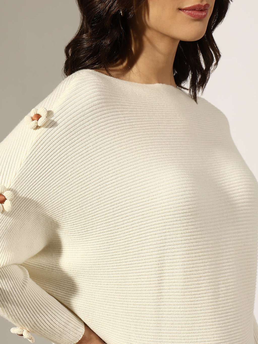 Women's Ribbed Cream Flower Applique Knit Batwing Top