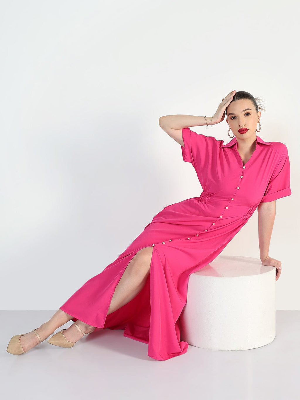 Women's Pink Shirt Style Maxi Dress