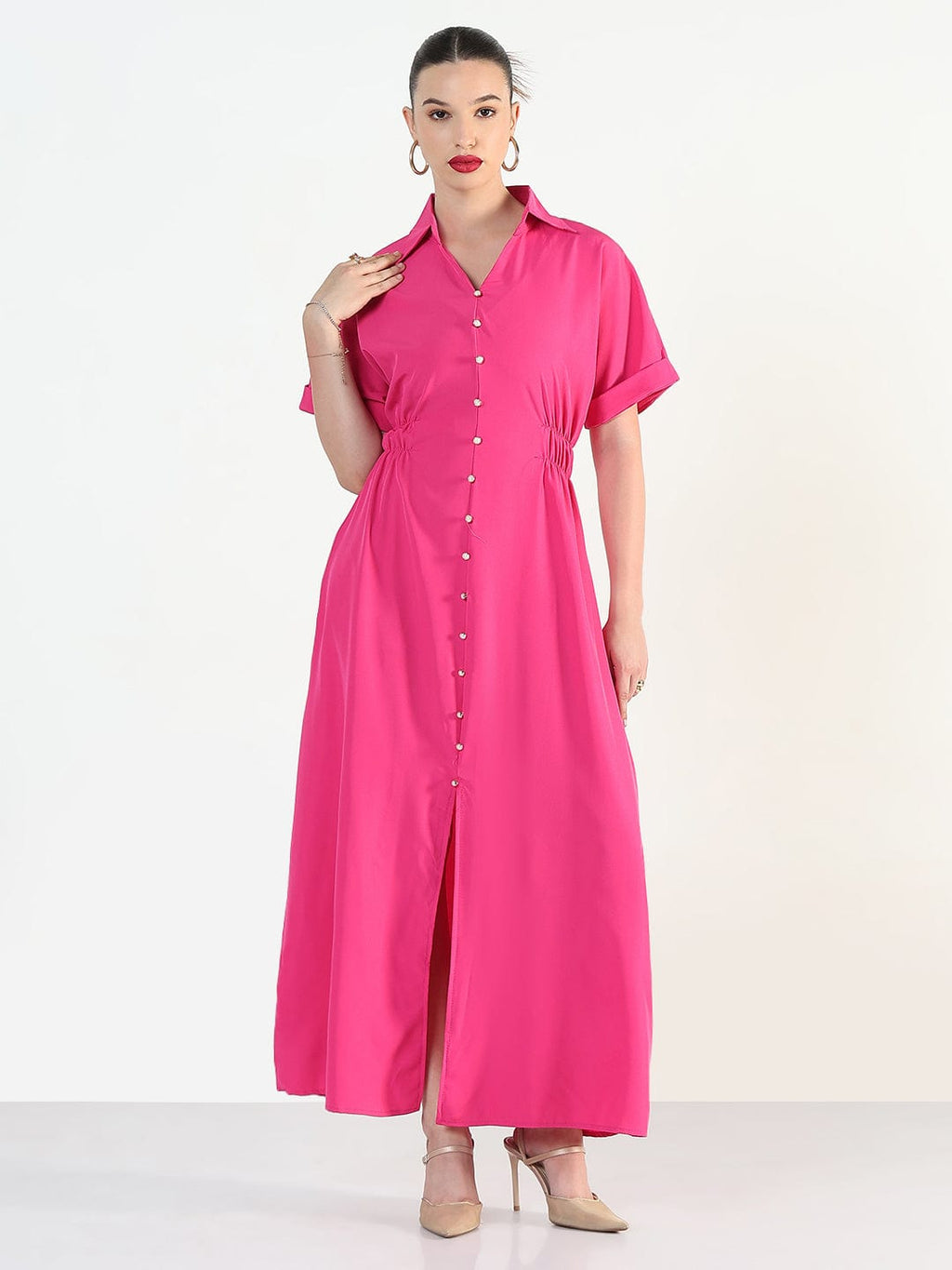 Women's Pink Shirt Style Maxi Dress