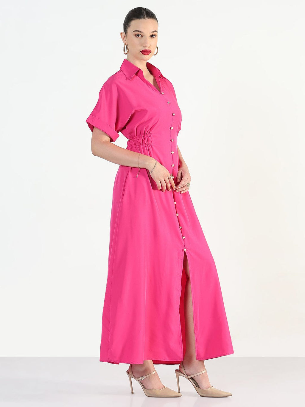 Women's Pink Shirt Style Maxi Dress