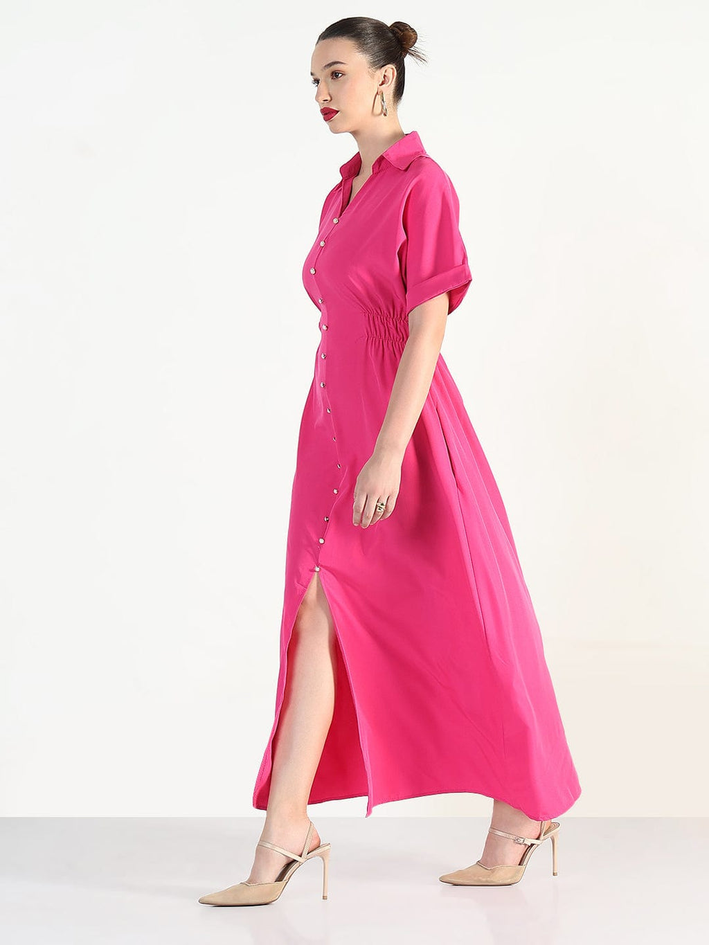 Women's Pink Shirt Style Maxi Dress