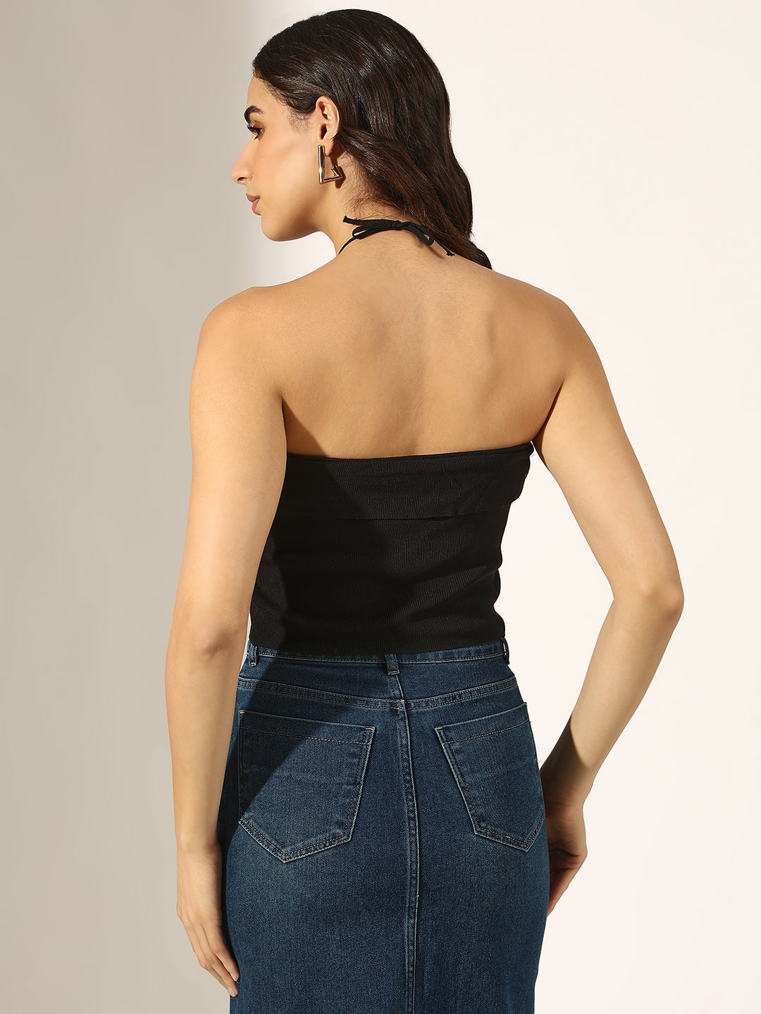 Women's Black Strapless Halter Crop Top