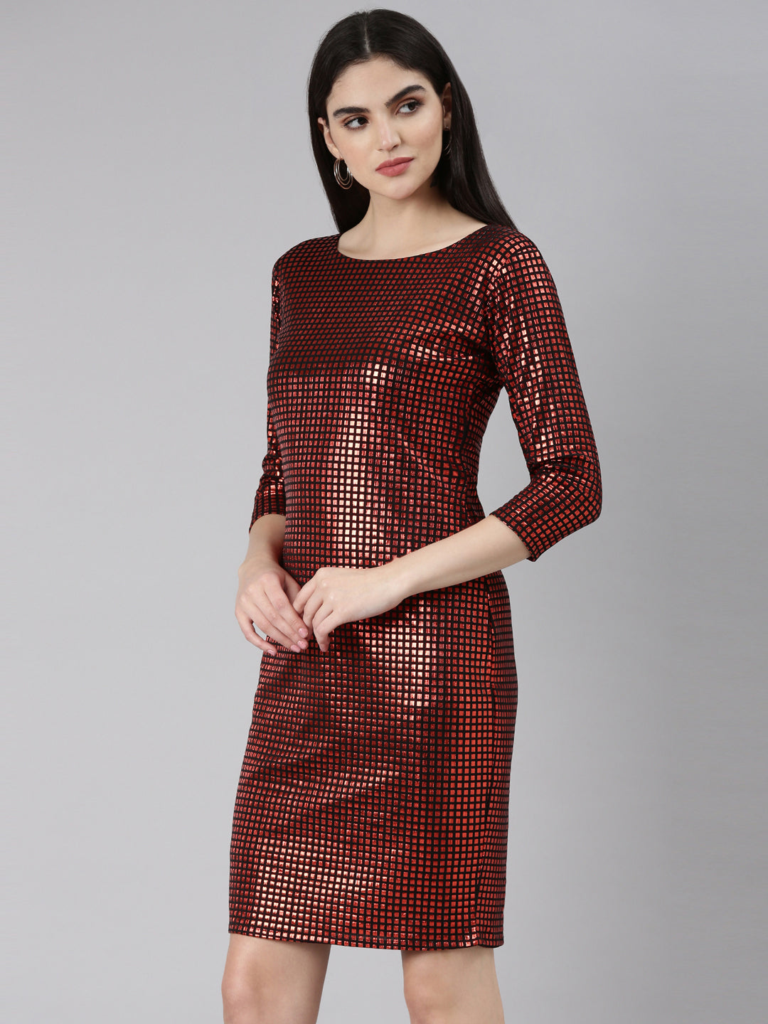 Women's Red Checked Sheath Party Dress