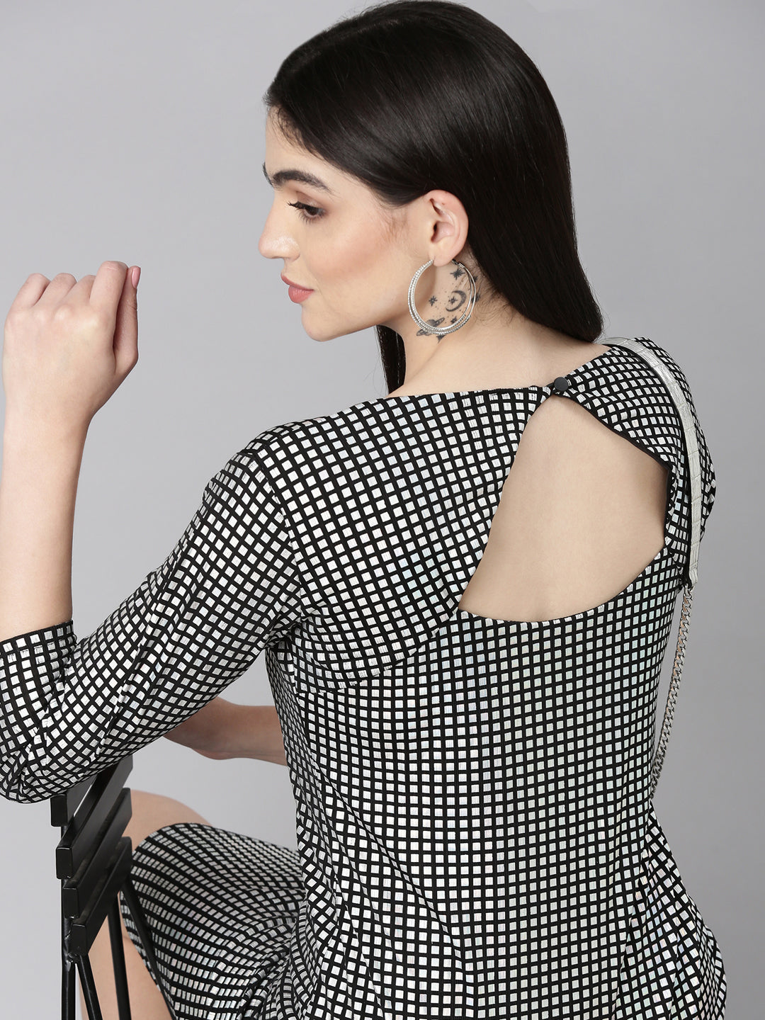 Women's Silver Checked Cut-Out Detailed Bodycon Dress