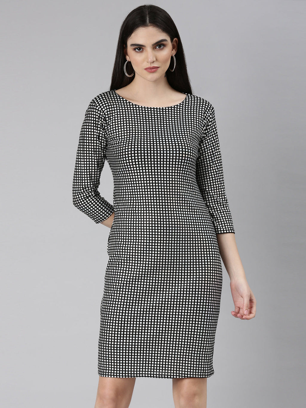 Women's Silver Checked Cut-Out Detailed Bodycon Dress