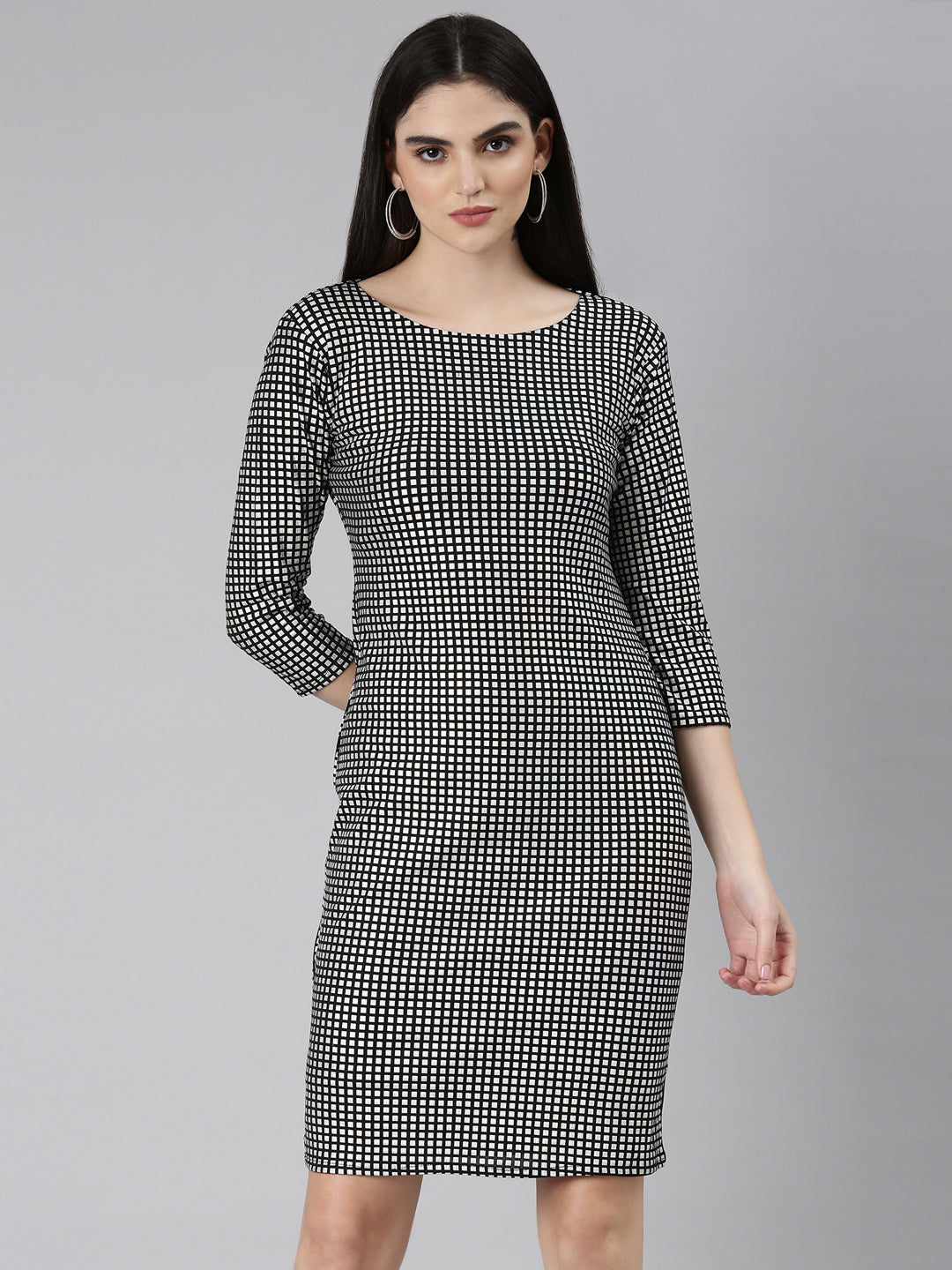 Women's Silver Checked Cut-Out Detailed Bodycon Dress