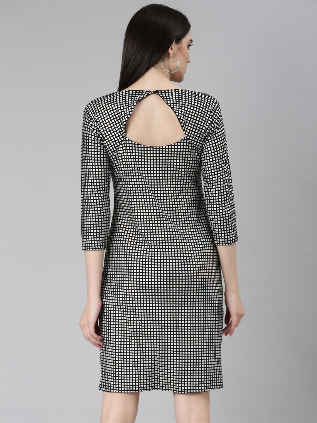 Women's Silver Checked Cut-Out Detailed Bodycon Dress