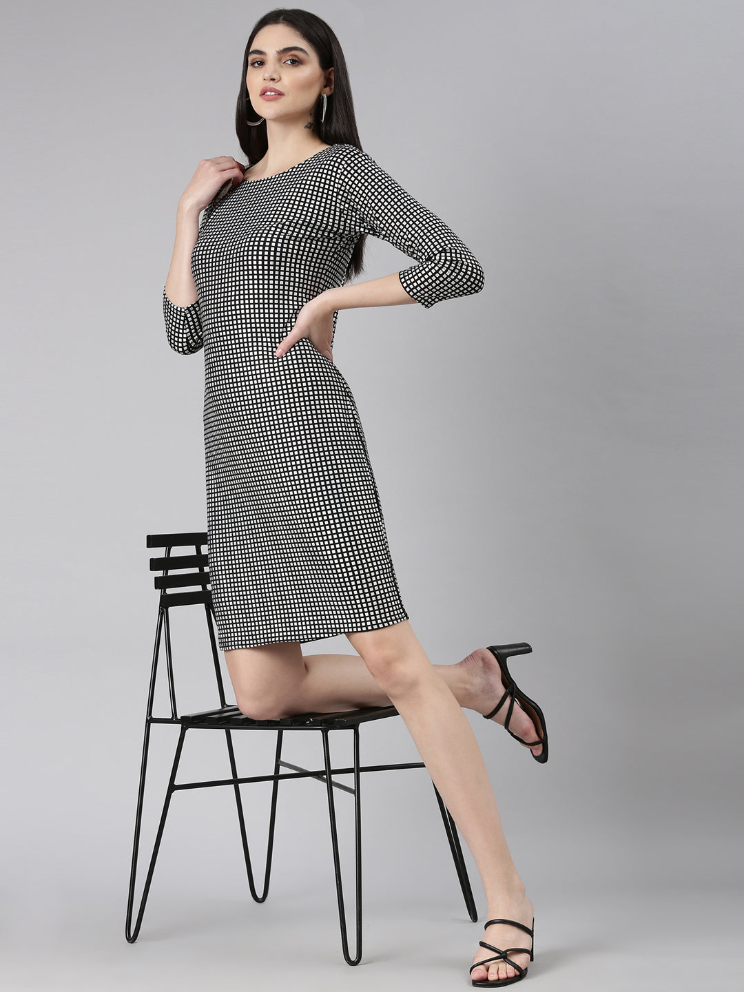 Women's Silver Checked Cut-Out Detailed Bodycon Dress