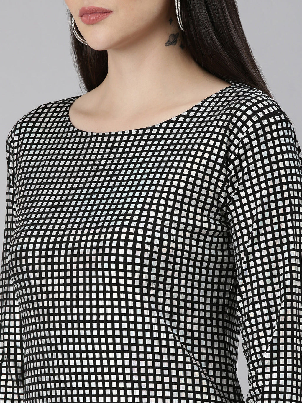 Women's Silver Checked Cut-Out Detailed Bodycon Dress