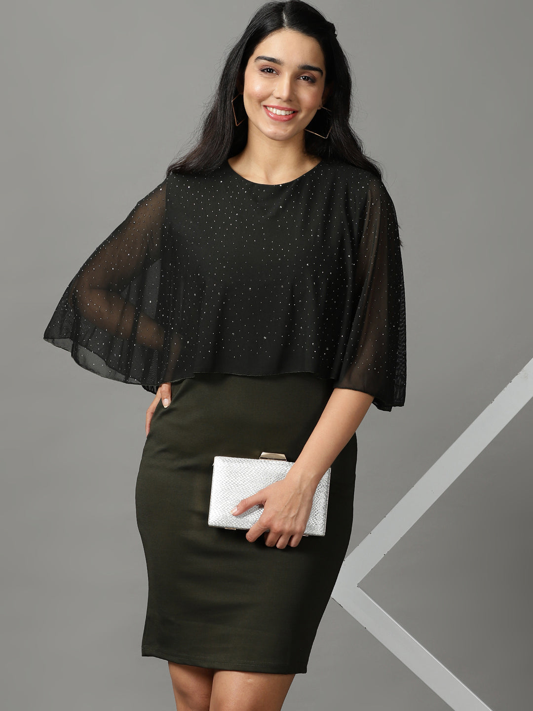 Women's Olive Round Neck Embellished Sheath Dress