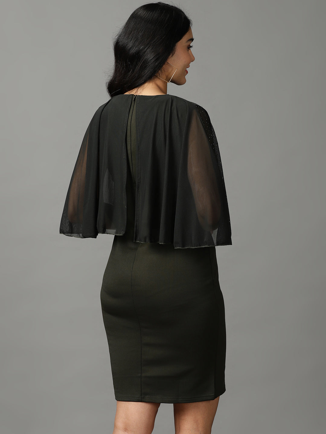 Women's Olive Round Neck Embellished Sheath Dress