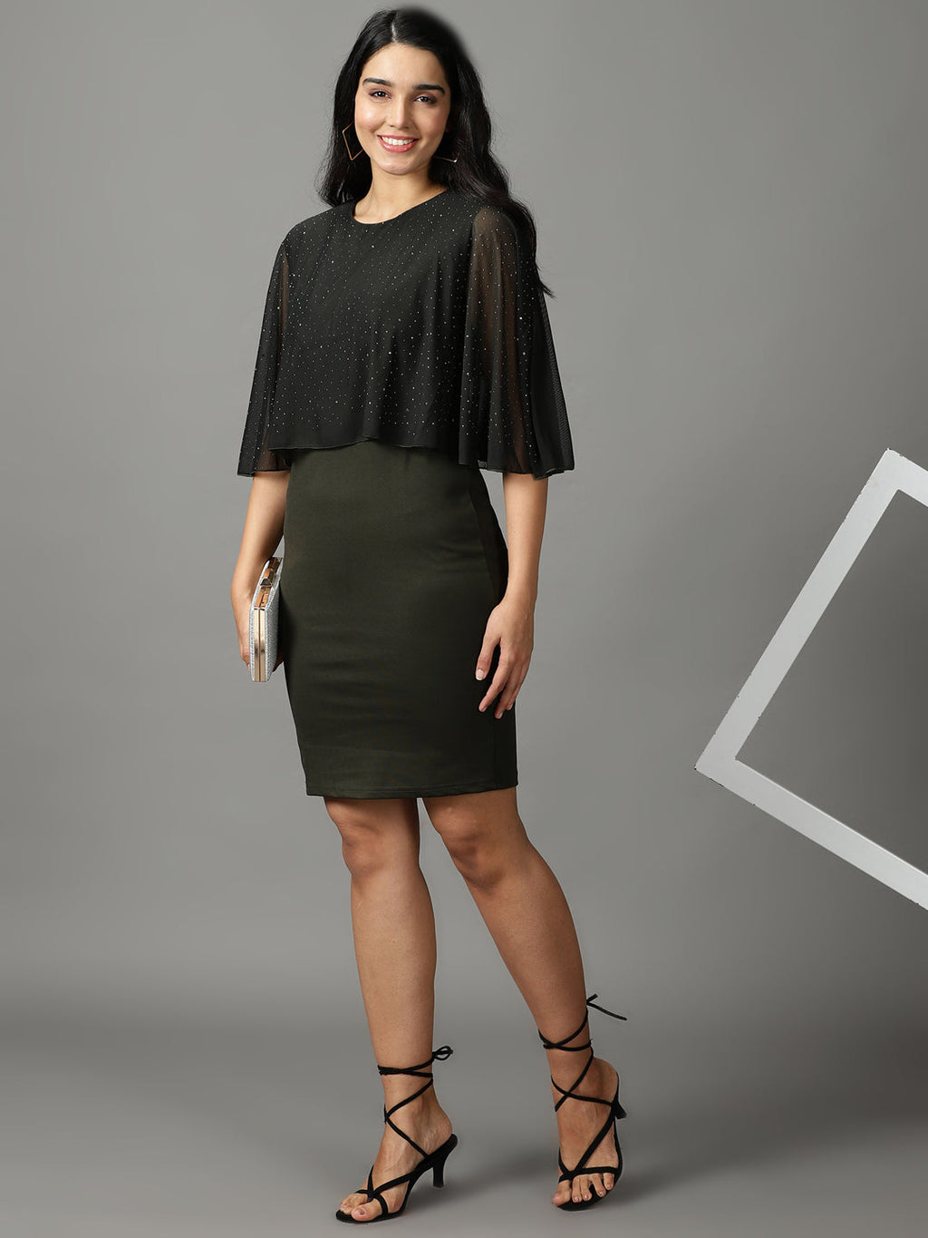 Women's Olive Round Neck Embellished Sheath Dress