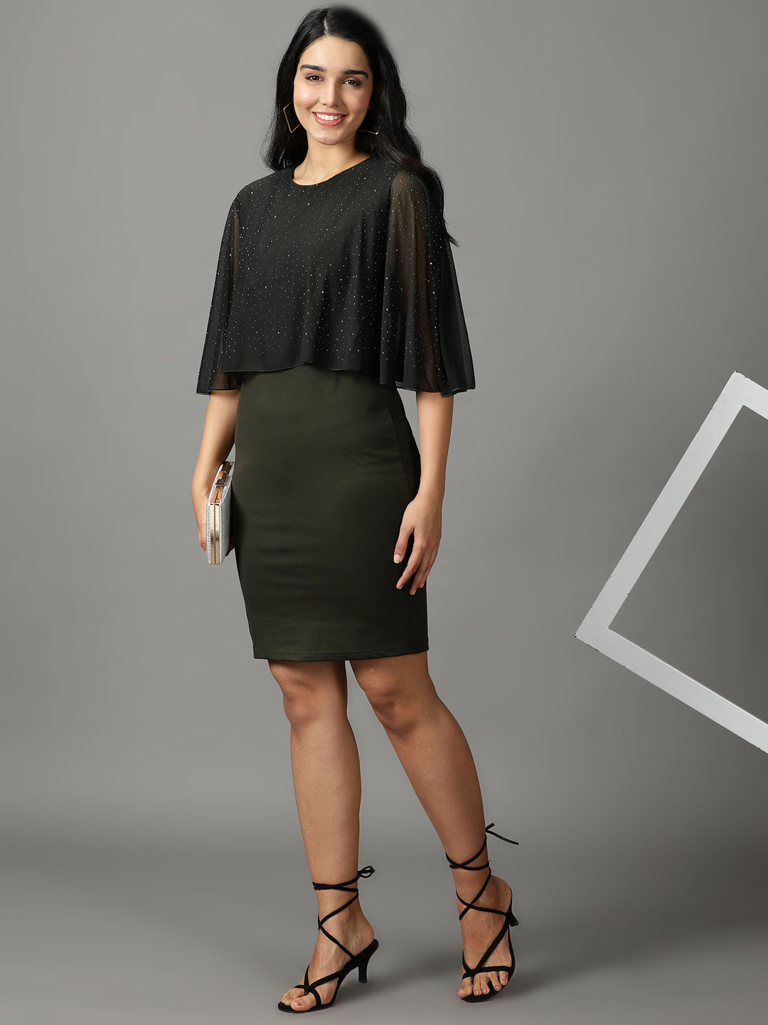 Women's Olive Round Neck Embellished Sheath Dress