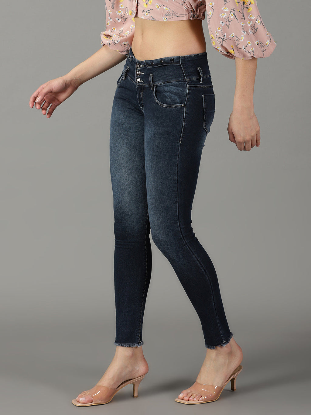 Women's Navy Blue Skinny Fit High-Rise Light Fade Acid Wash Stretchable Jeans