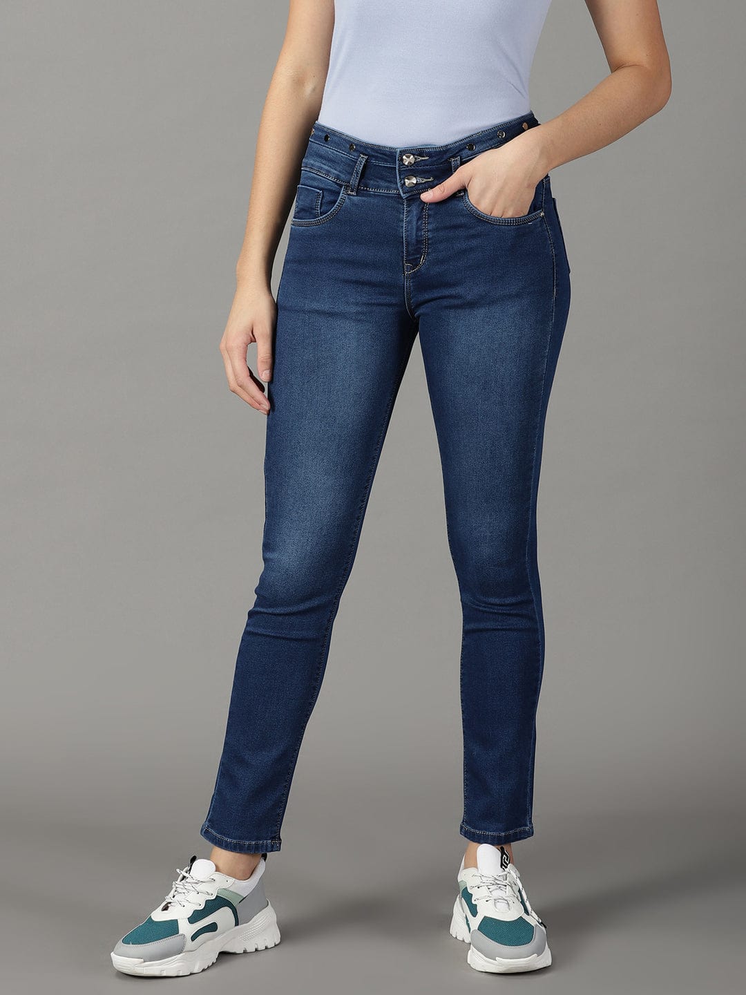 Women's Navy Blue Tapered Fit High-Rise Light Fade Stretchable Cotton Jeans