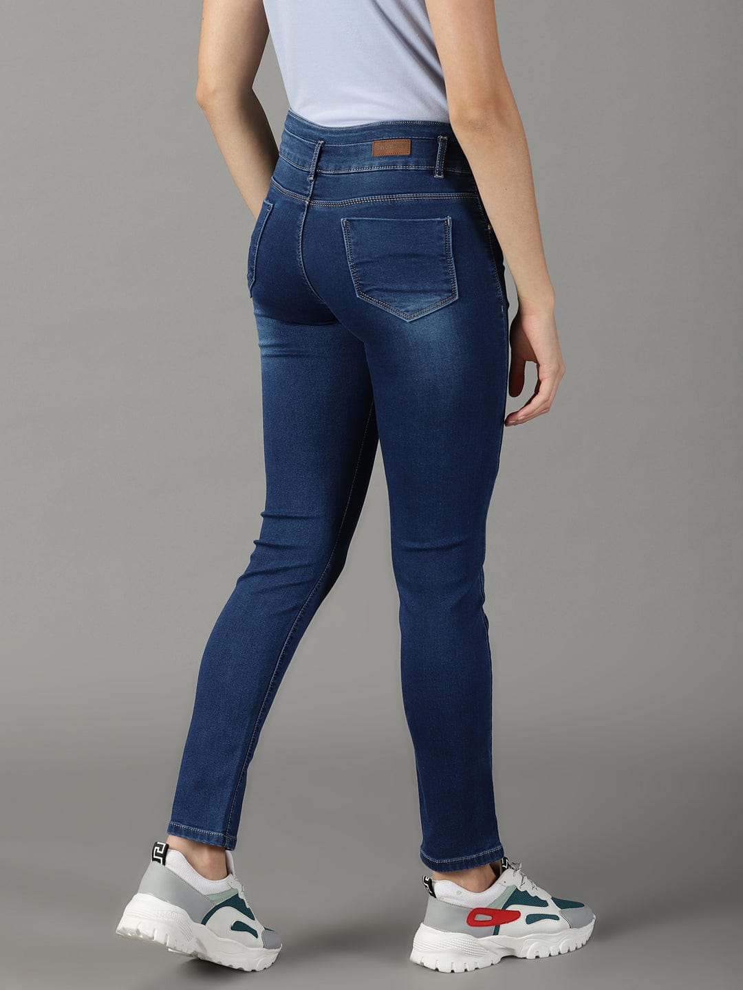 Women's Navy Blue Tapered Fit High-Rise Light Fade Stretchable Cotton Jeans