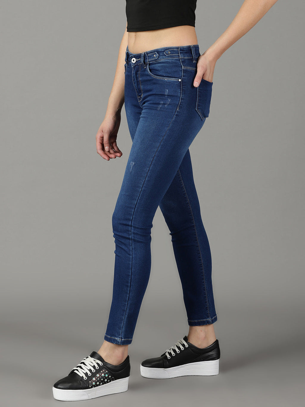 Women's Navy Blue Slim Fit Light Fade Stretchable Cotton Jeans