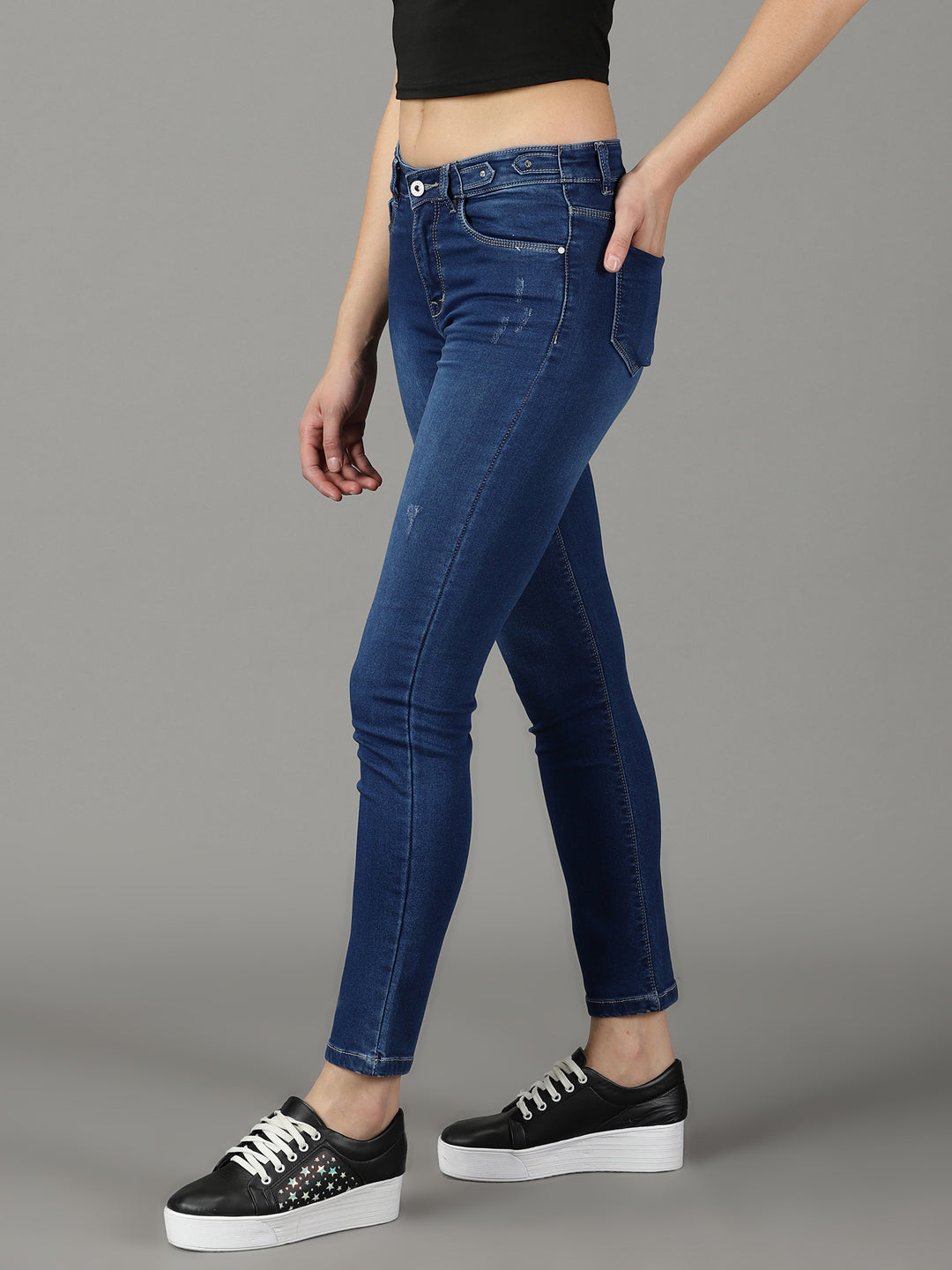 Women's Navy Blue Slim Fit Light Fade Stretchable Cotton Jeans