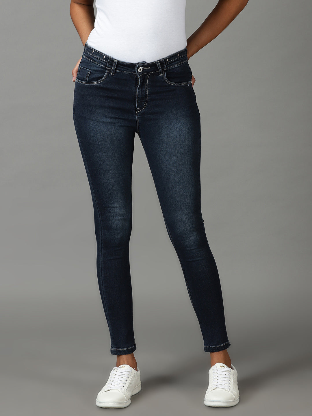 Women's Navy Blue Skinny Fit High-Rise Light Fade Stretchable Cotton Jeans