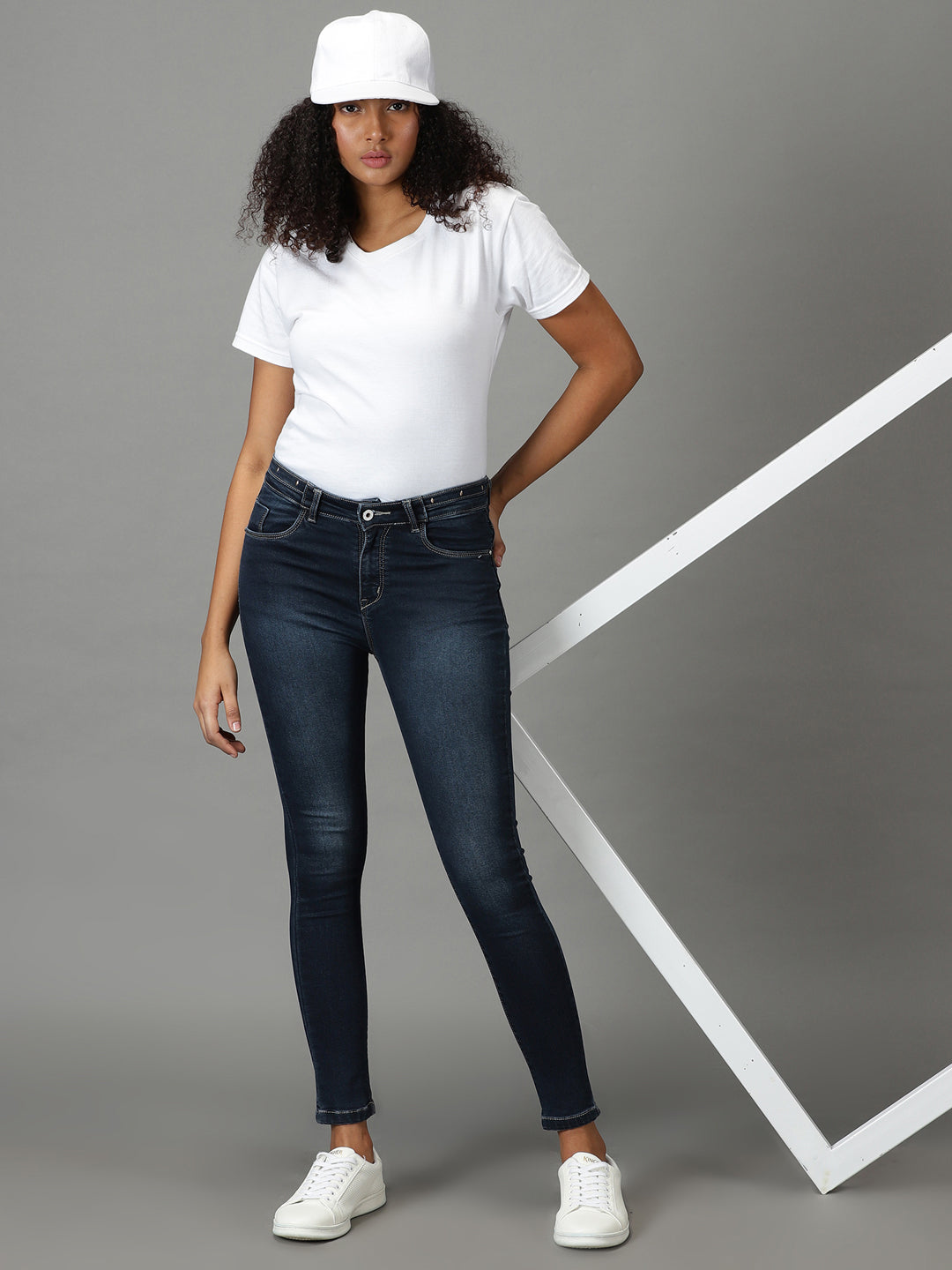 Women's Navy Blue Skinny Fit High-Rise Light Fade Stretchable Cotton Jeans