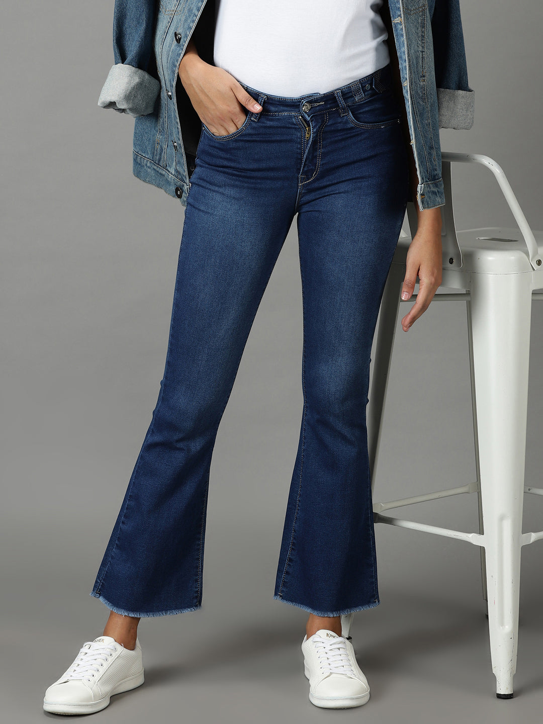 Women's Navy Blue Bootcut High-Rise Light Fade Acid Wash Stretchable Cotton Jeans