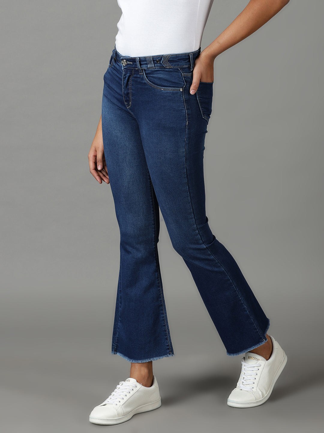 Women's Navy Blue Bootcut High-Rise Light Fade Acid Wash Stretchable Cotton Jeans