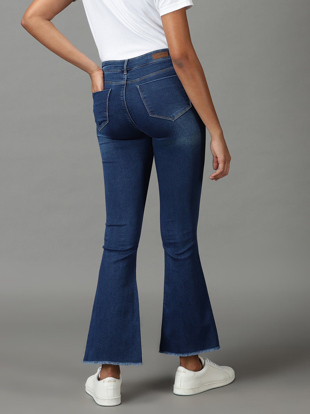 Women's Navy Blue Bootcut High-Rise Light Fade Acid Wash Stretchable Cotton Jeans