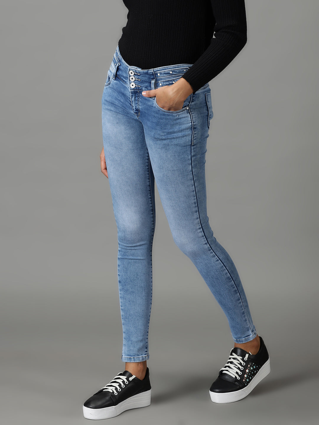 Women's Blue Skinny Fit Heavy Fade Stretchable Jeans