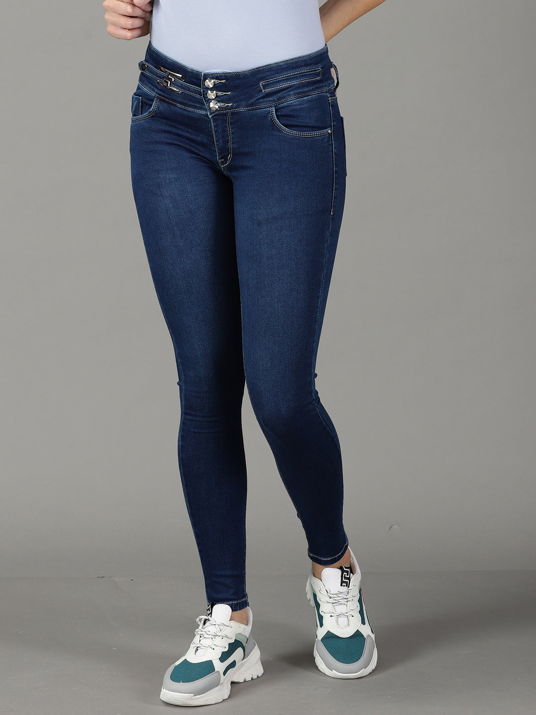 Women's Navy Blue Skinny Fit High-Rise Light Fade Stretchable Jeans