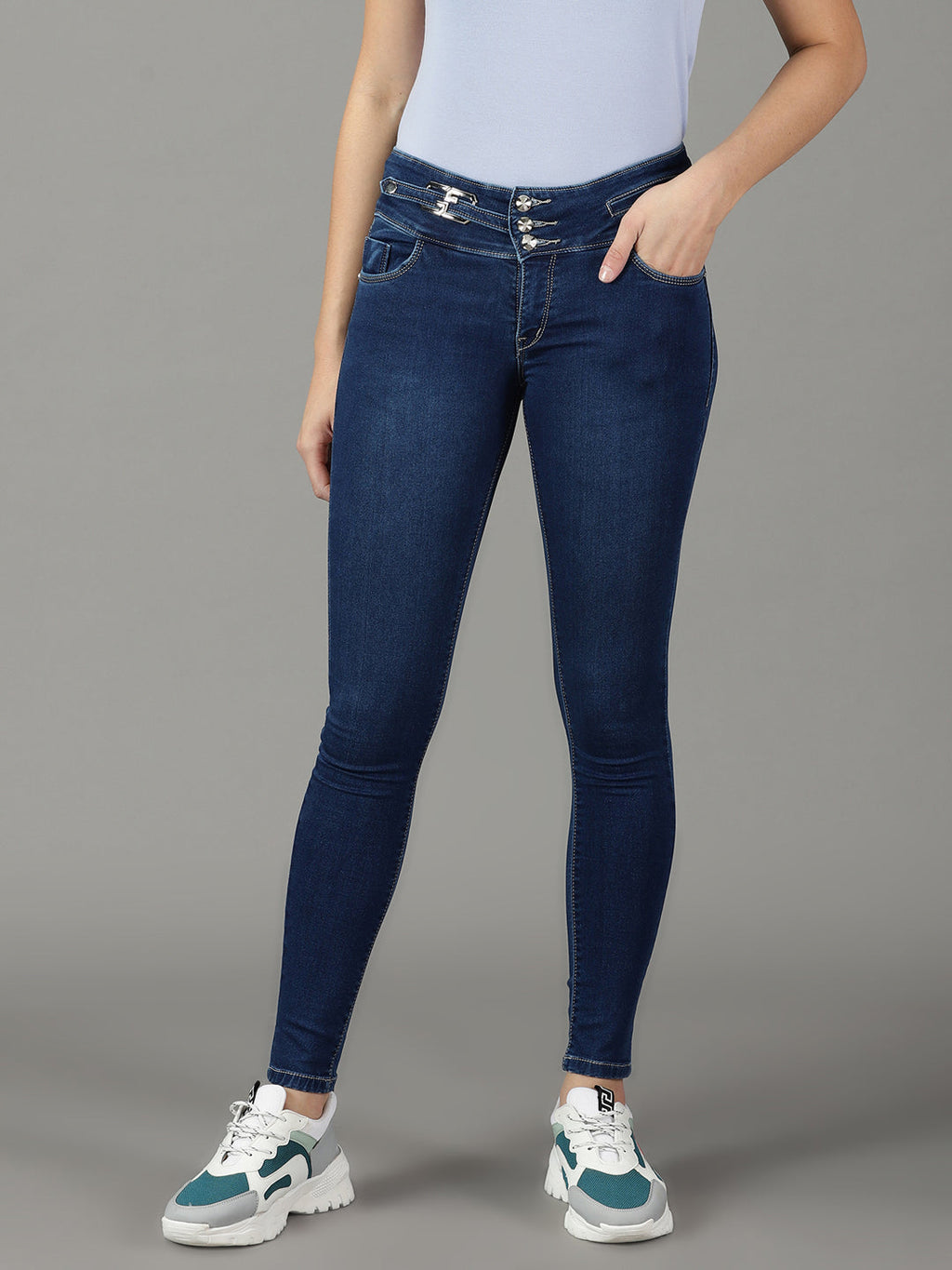 Women's Navy Blue Skinny Fit High-Rise Light Fade Stretchable Jeans