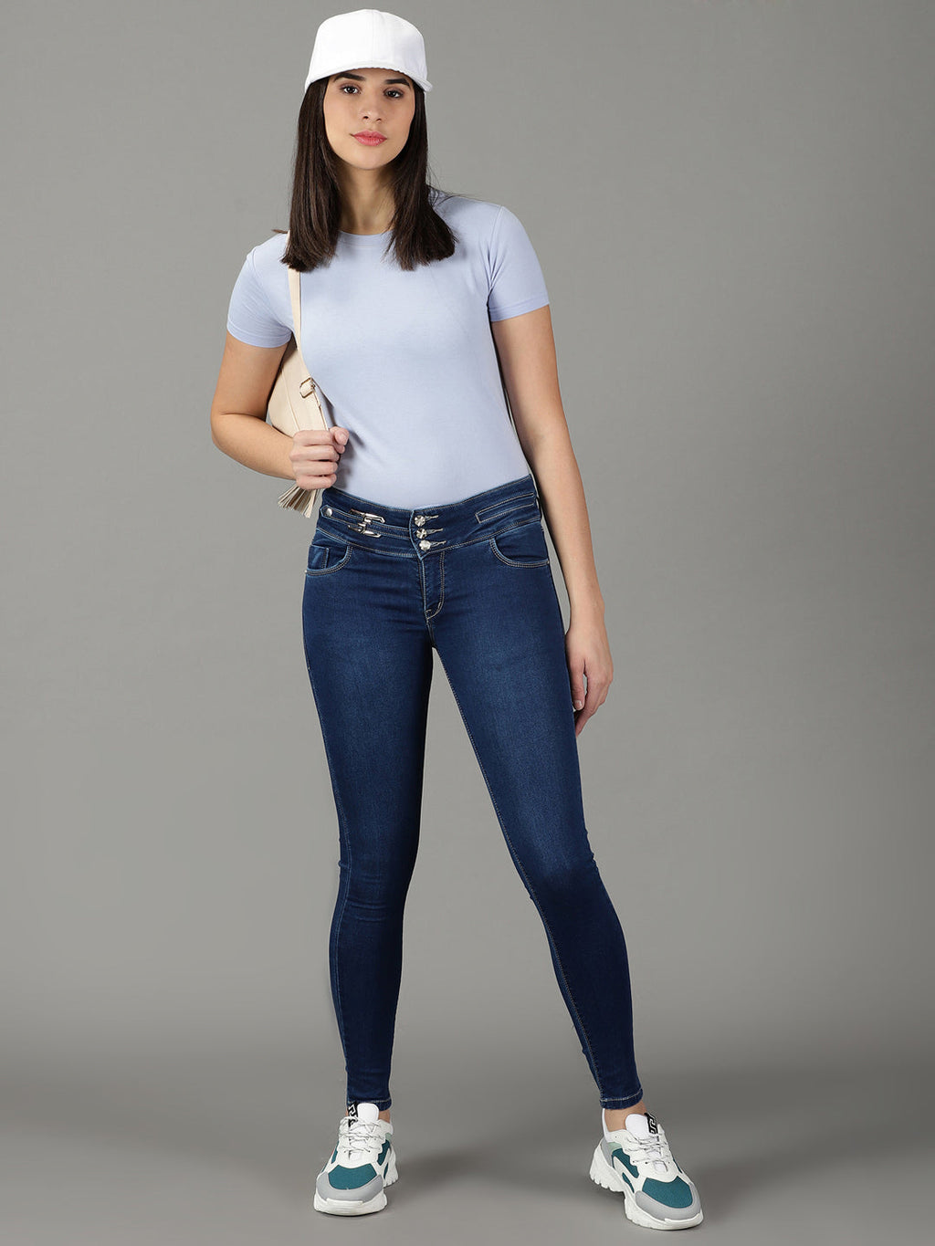 Women's Navy Blue Skinny Fit High-Rise Light Fade Stretchable Jeans
