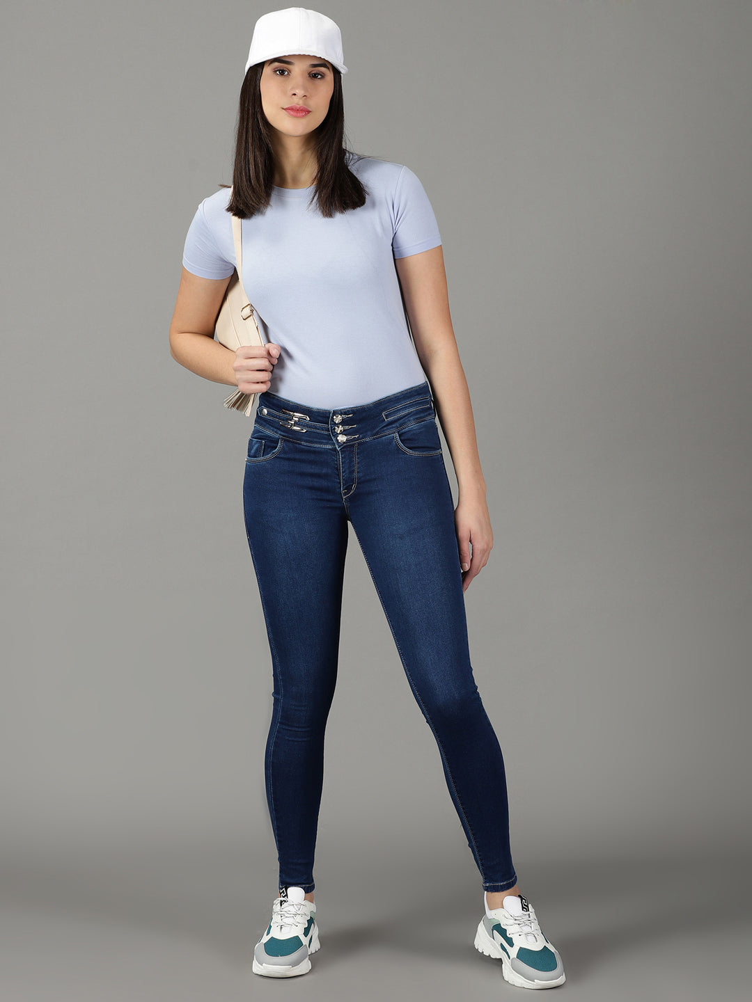 Women's Navy Blue Skinny Fit High-Rise Light Fade Stretchable Jeans